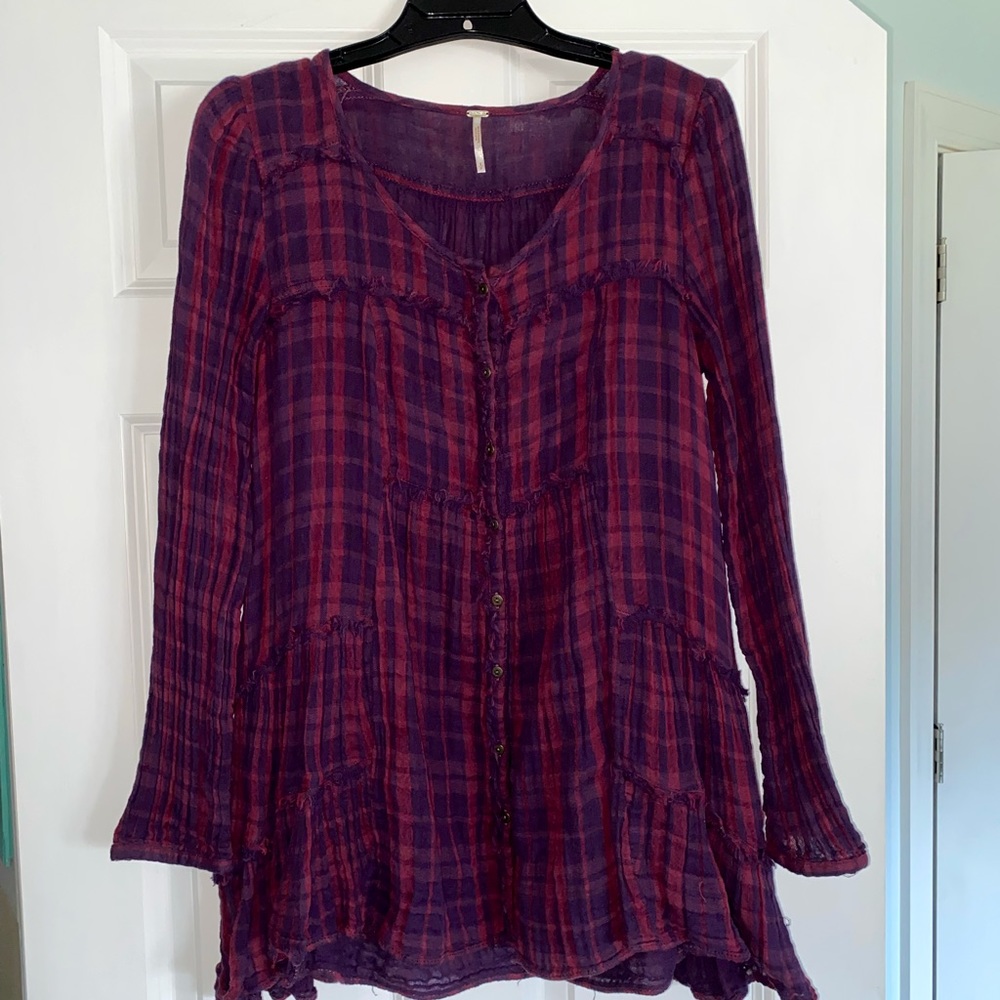 Free People cotton plaid tunic blouse Sz S red purple oversized boho flowy